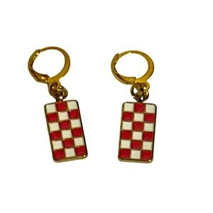 Hand Crafted Gold Tone Rectangle Checkerboard Lever‎ back Dangle Earrings